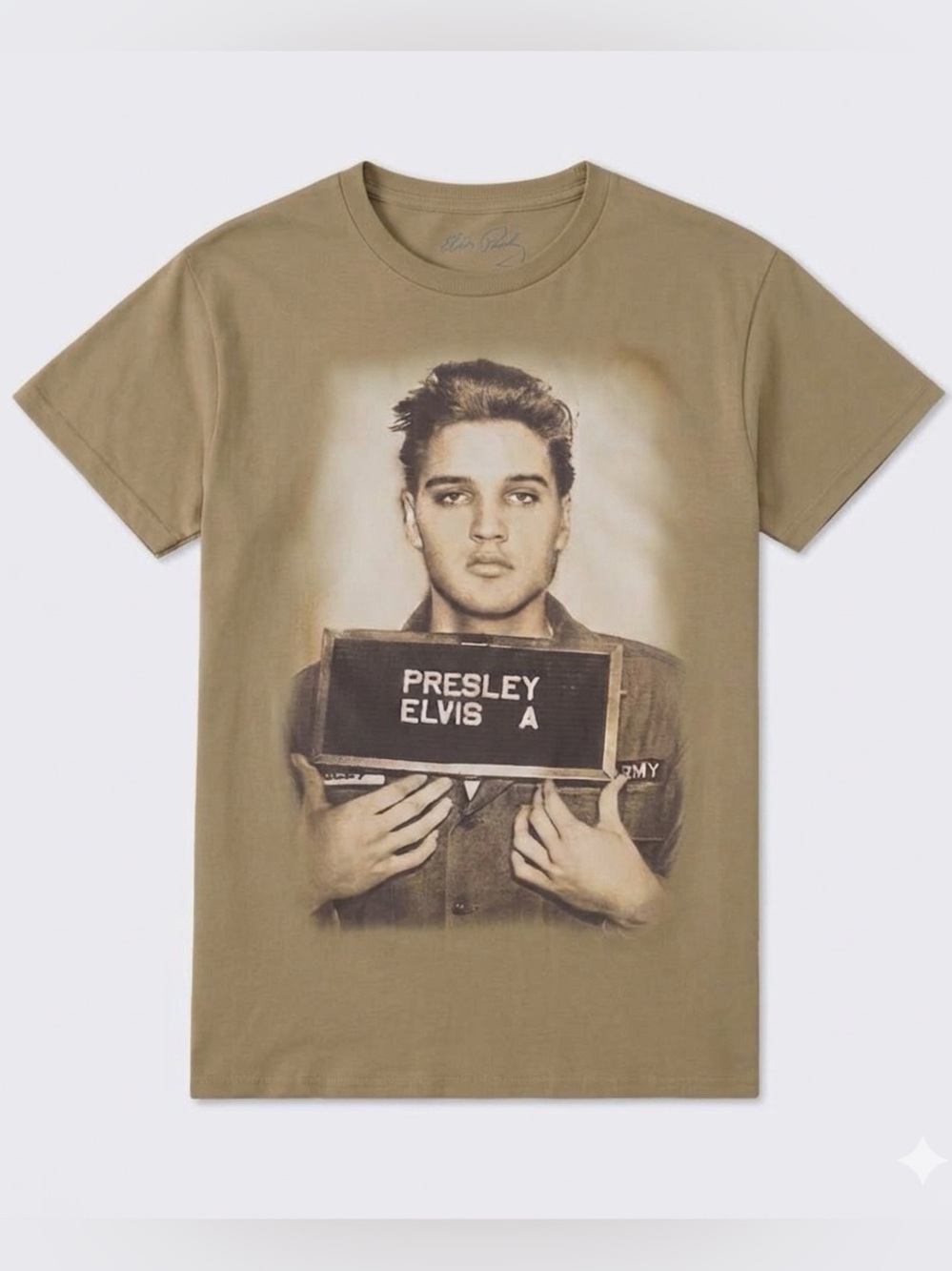 Unisex Elvis Presley US Army Graphic Crewneck T‑Shirt in Khaki